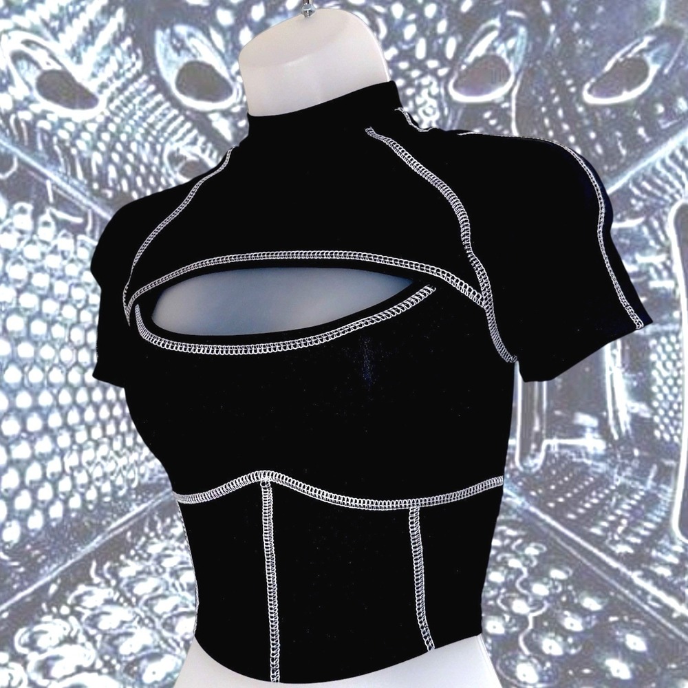 New 2XS Black Mock Neck Cutout Crop Top White Stitching Short Sleeve Y2k Goth